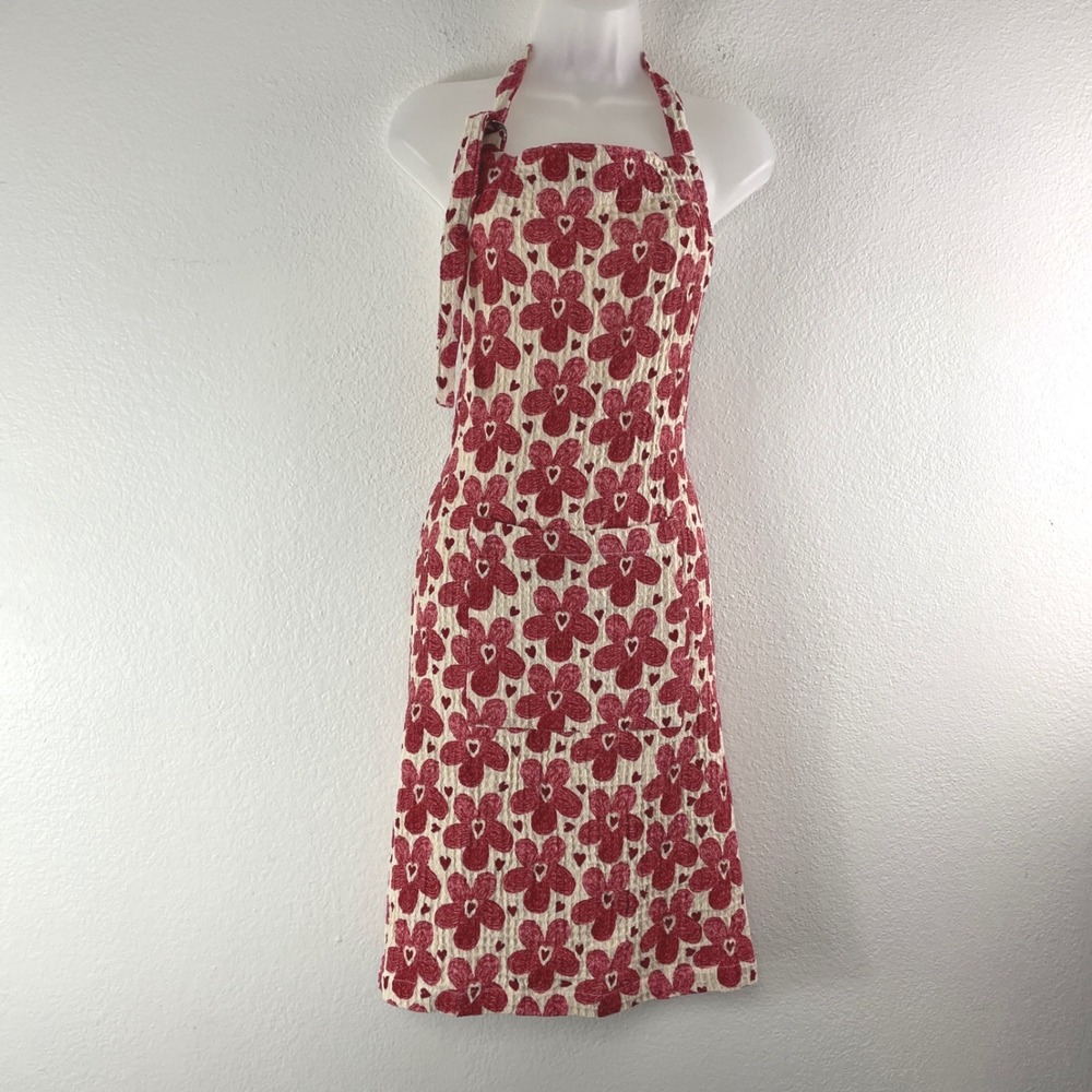 Storehouse Floral Heart Waffle Weave Apron OS Cream Red Cottagecore Retro